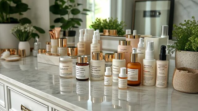 Luxury Skincare Collection Displayed on a Marble Vanity