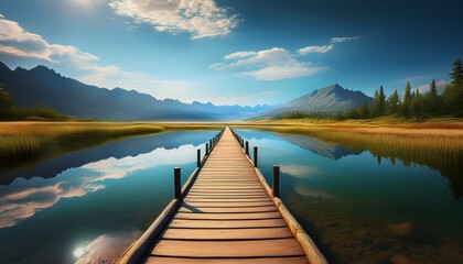 a vertical image depicts a wooden passage passing over a reflective small lake and the horizon with a mountain range in the background