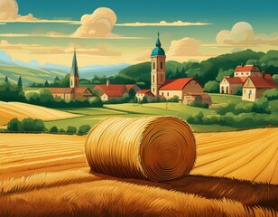 a wide field with haystacks rolled up in a roll behind the field a village with a church behind the village a forest