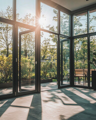 sunlit modern conservatory with glass walls 
