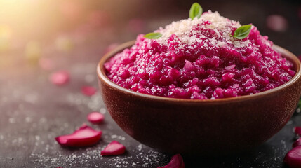 Delicious homemade red risotto with radicchio and parmesan in a bowl on a kitchen table symbolizing comfort gourmet cuisine and modern culinary art with vibrant flavors and fresh ingredients

