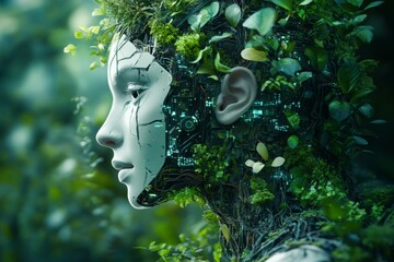 Nature and technology blend in a futuristic humanoid figure surrounded by greenery and bioluminescent elements