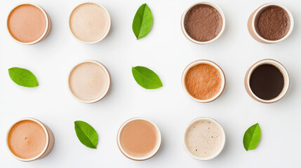 Variety of Coffee Drinks with Green Leaves on White Background