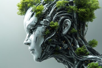 Nature and technology merge in an intricate humanoid figure showcasing robotic features and lush greenery