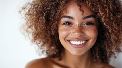 Portrait of a beautiful smiling American woman with curly hair, realistic 4k photography