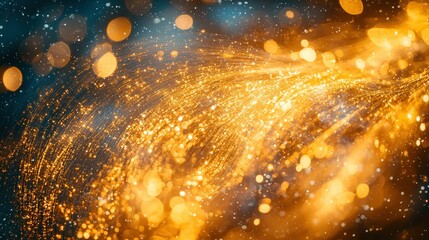 Obraz premium Golden swirling glitter on dark background, festive bokeh lights, celebration backdrop