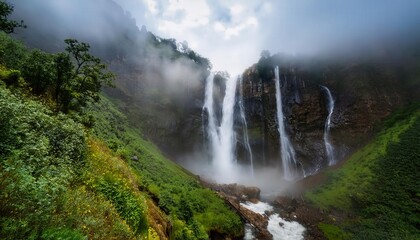 Majestic waterfalls surrounded by dense mist, with water cascading from great heights, creating a dramatic and awe-inspiring natural scene perfect for adventure and nature photography.