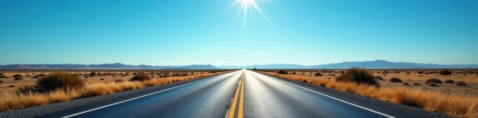 Naklejka premium Road under blue sky, asphalt stretch far horizon, open space, vastness