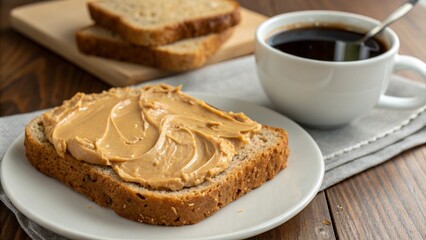 Whole grain bread with peanut butter and a cup of coffee.
