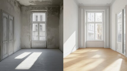 Stunning transformation from a dilapidated apartment to a bright, modern living space with beautiful design. Generative AI