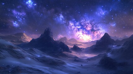 Alien landscape, vibrant nebula, starry night, mountains, fantasy art, wallpaper