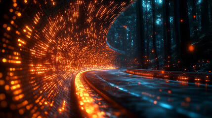 Dynamic digital stream of binary code forming twisted tunnel in cyberspace symbolizing high-speed internet global connectivity and big data flow in modern digitalization era