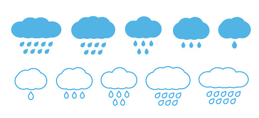 Various cloud and rain icons designed for weather representation and communication purposes showing different styles and formats. Vector illustration
