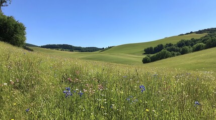 A serene hillside with rolling green pastures, wildflowers, and a clear blue sky