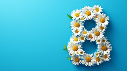 Obraz premium Delicate Floral Number 8 with Daisies on Pastel Blue Background - Creative Women's Day March 8th Design for Minimal Aesthetic Decor