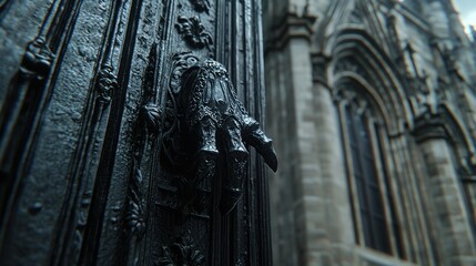 Gothic church door knocker detail, ornate metalwork, architecture background