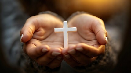 Hands holding cross in prayer, warm light outdoors