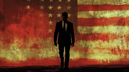 A shadowy figure in a suit walks forward against a grungy, weathered American flag backdrop, evoking themes of power, corruption, and political unrest.