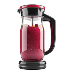 Blender with glass pitcher filled with red smoothie on a light gray background