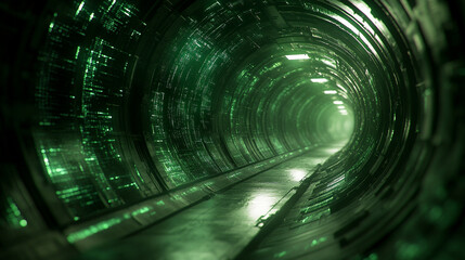 Dynamic digital stream of binary code forming twisted tunnel in cyberspace symbolizing high-speed internet global connectivity and big data flow in modern digitalization era