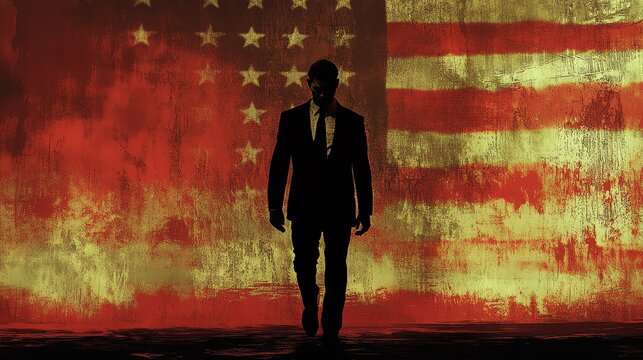 A shadowy figure in a suit walks forward against a grungy, weathered American flag backdrop, evoking themes of power, corruption, and political unrest.