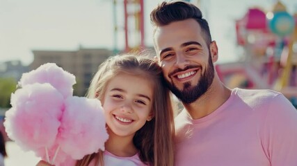 Dad and daughter smile at fair, cotton candy