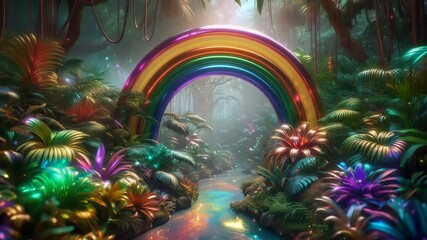 Enchanted jungle with glowing rainbow and bioluminescent plants
