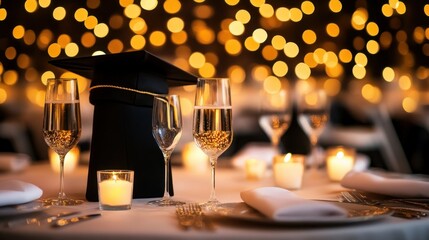 Graduation celebration dinner table setup with champagne and bokeh lights