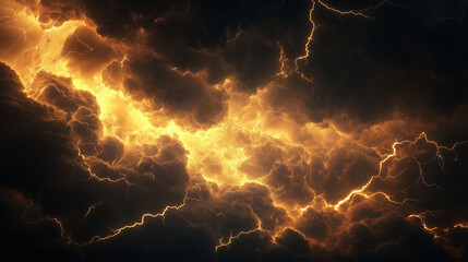 A blackened sky with golden lightning illuminating the storm clouds, resembling a scene from mythology