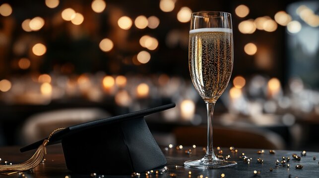 Graduation celebration with champagne flute and cap at restaurant