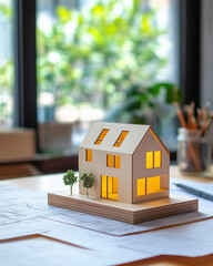 Miniature Architectural Model of a Modern House on Drawings