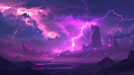 A hyper-intense thunderstorm over a desert, with pink and violet lightning bolts dancing in the air