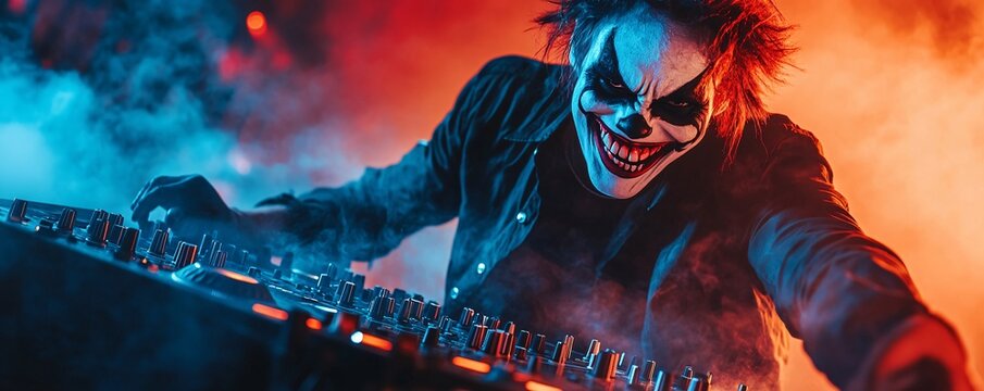 Scary clown dj mixing music on halloween party
