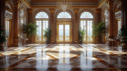 Obraz premium Grand ballroom with ocean view, sunny, opulent, ideal for events or luxury