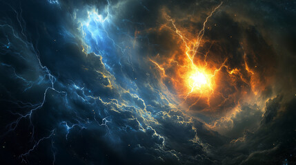 Fototapeta premium Dark clouds parting to reveal a blindingly bright lightning explosion, like a celestial event