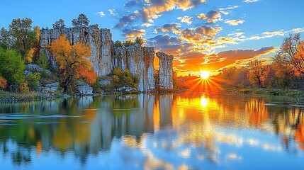 Naklejka premium A serene fjord with steep cliffs and tranquil waters reflecting the colors of the sky