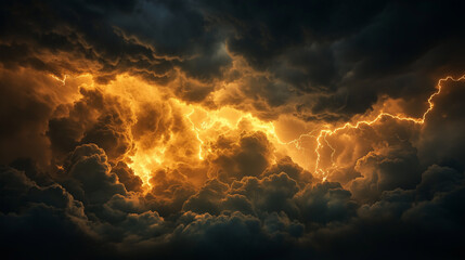 A blackened sky with golden lightning illuminating the storm clouds, resembling a scene from mythology