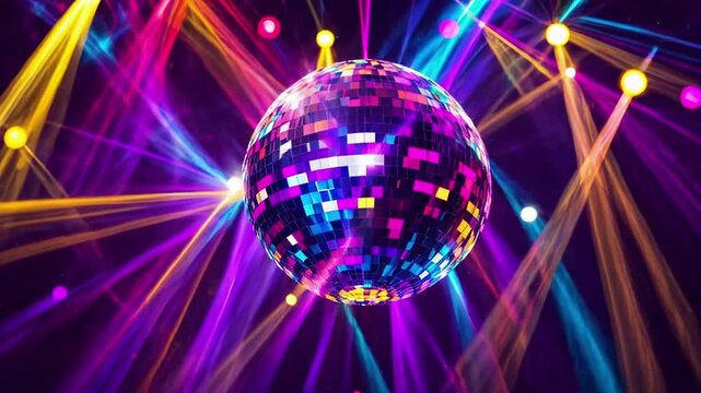 Shimmering Sphere and Neon Lights Create Vibrant Celebration Atmosphere in Looped Animation