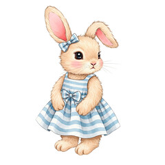 Obraz premium Adorable Tan Bunny in Blue Striped Dress - Whimsical Spring Easter Art Design
