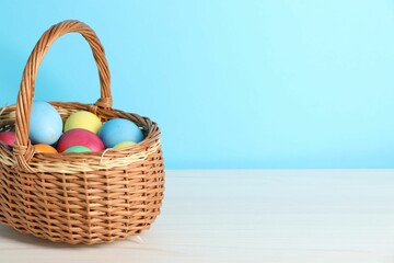 Beautiful decorated Easter eggs in wicker basket on white wooden table against light blue background, space for text