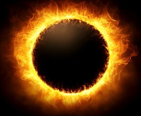 Visual representation of a fiery eclipse surrounded by flames at night