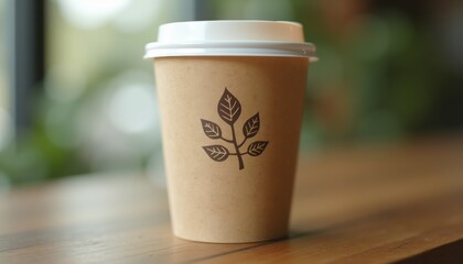 Close-up of biodegradable cup with subtle earthy tones, placed on wooden surface, perfect for showcasing eco-friendly branding and sustainable packaging