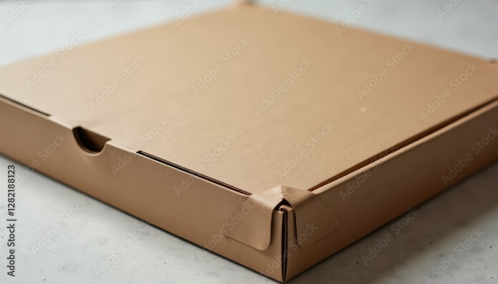 Aufkleber close-up of a classic brown kraft pizza box with a minimalistic design, placed on a smooth surface, 