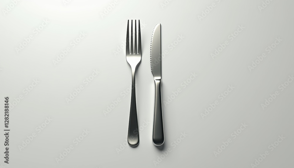 Poster photorealistic plastic fork and knife mockup, positioned parallel on a neutral background with soft 