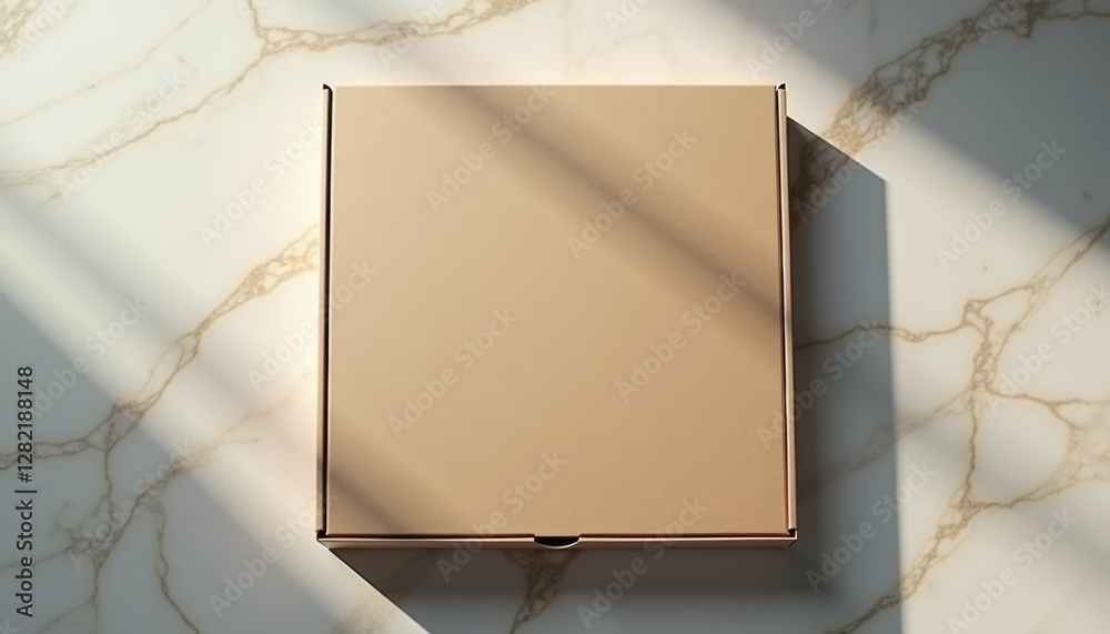 Poster realistic top-view mockup of a closed pizza box with a simple kraft paper design, placed on a marble
