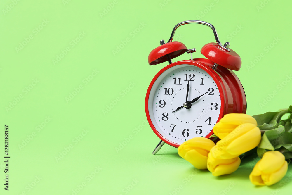 Poster spring time. alarm clock and beautiful tulips on green background, space for text