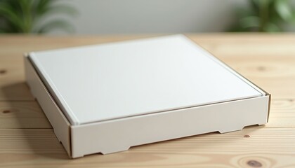 Fototapeta premium Mockup of a white pizza box with a clean, modern design, set on a light wooden table with soft natural lighting, ideal for food delivery branding with copy space
