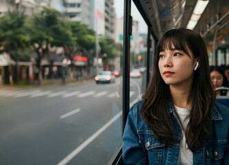 Brunette Girl on the Bus by the Window. Listening to music with earphones