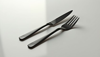Fototapeta premium Black plastic fork and knife mockup with a glossy finish, placed on a clean neutral surface with soft reflections, creating a sleek and stylish presentation with copy space