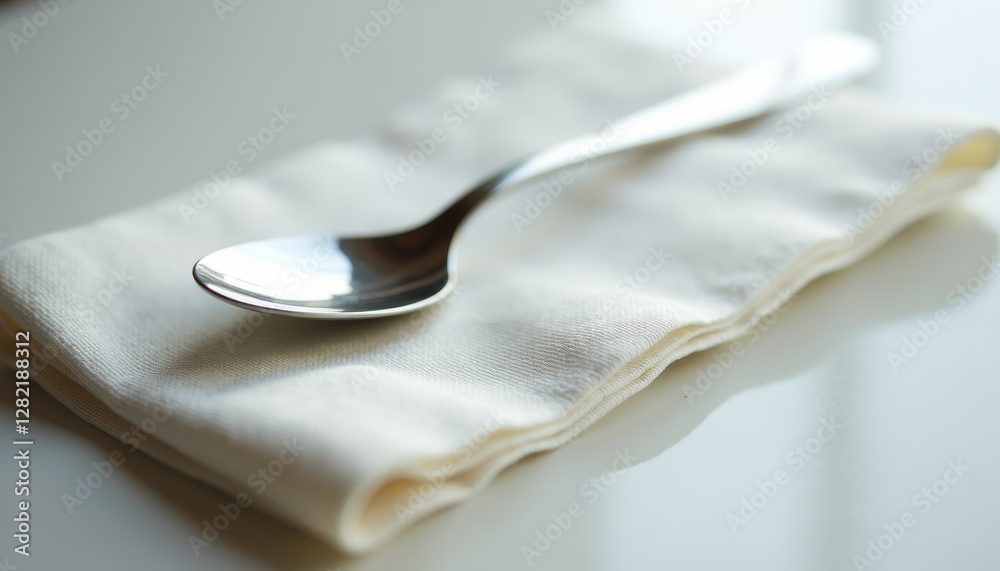 Poster high-resolution close-up of folded napkin with spoon on top, shot from slight angle, elegant and cle